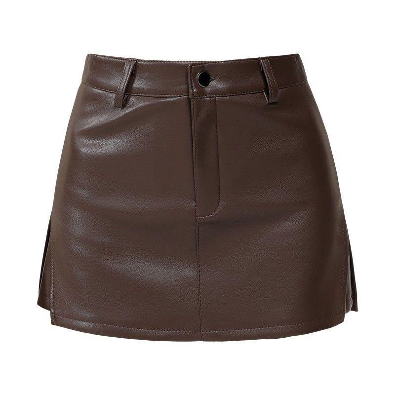 Women's Pu Leather Skirt Y2k High Waist Slit A-line Shorts Mini Skirt Slim Fit Female Clothing Autumn Winter