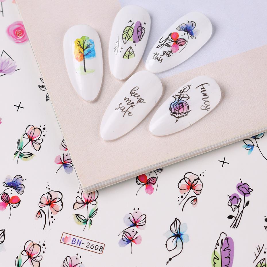12 PCs Ink Flowers Nail Art Sticker Summer Water Decal Blooming Flowers Leaves Graffiti Slider Nail Decoration Foils Tattoo