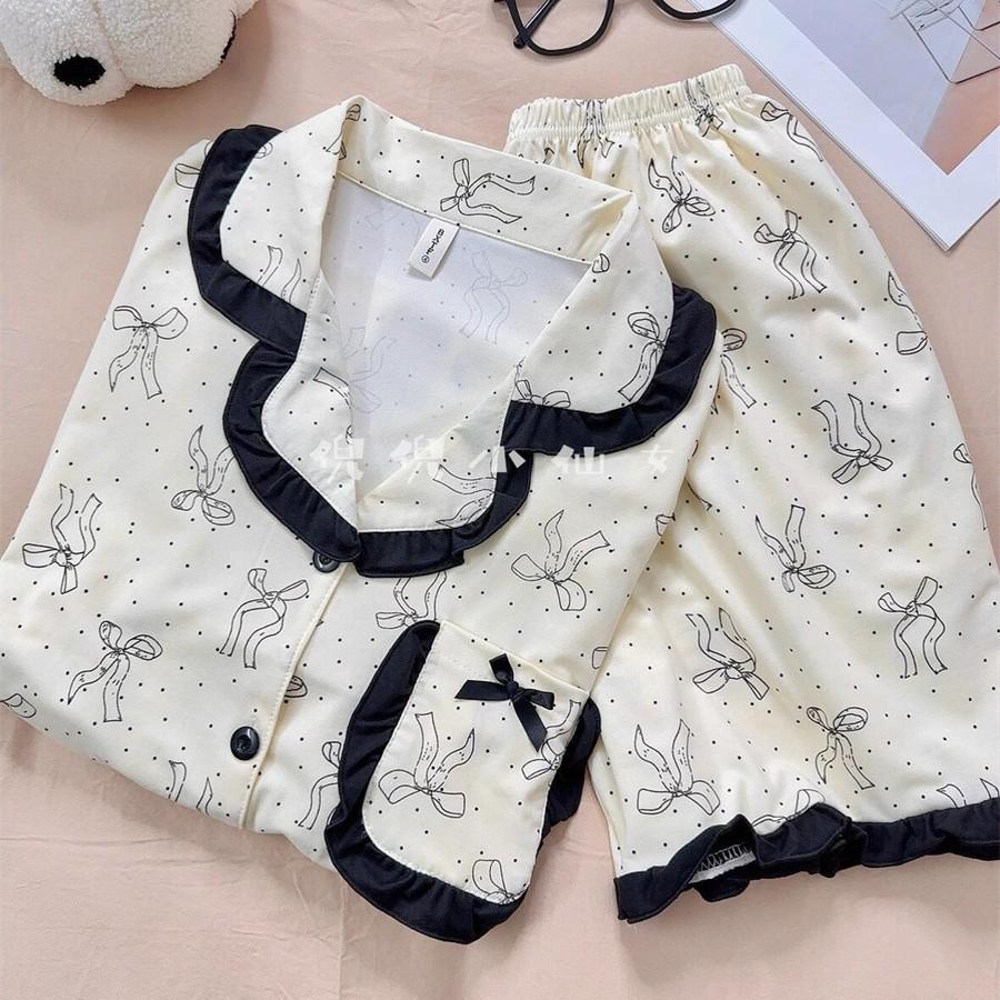 

Korean version of black edge polka dot bow pajamas women s summer short-sleeved shorts cardigan suit girls can wear loungewear S