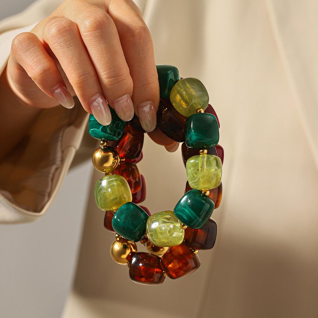 Boho Buntes Klobiges Harzperlen Armband für Damen Vintage Edelstahl Goldfarbe Perlen Schmuck Mode Party Geschenk