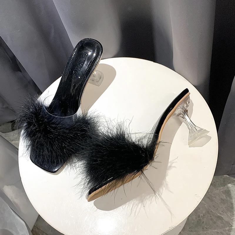Fluffy Slippers Women Wear 2024 Summer New Fairy Style Sexy Everything Fashion Crystal Stiletto Heels Sandals