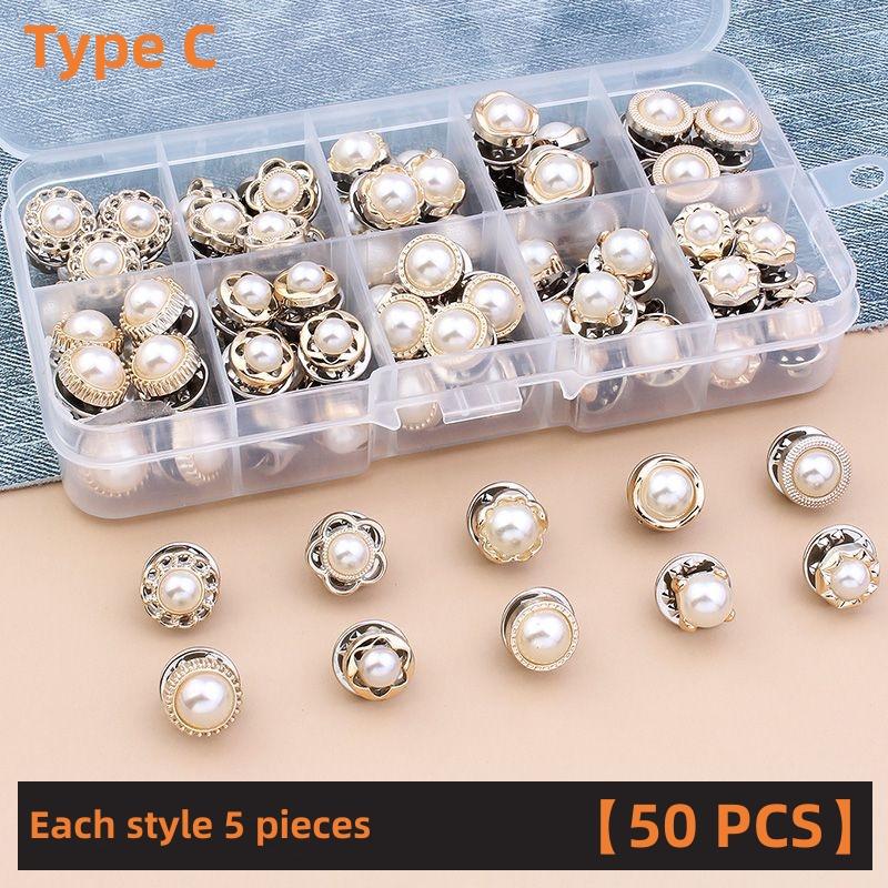 50 Pcs Free Sewing Pearl Rhinestone Button Brooches Pins Prevent Exposure Buttons Badge Coat Clothes Cufflink Shirt Button Set