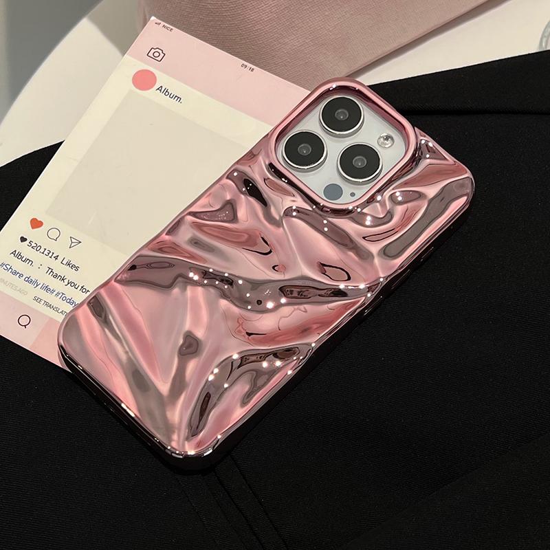 Electroplate Pink Wrinkle Wave Pattern Glossy Case For iPhone 17 Air 16 15 14 13 12 11 Pro Max Bright Back Cover
