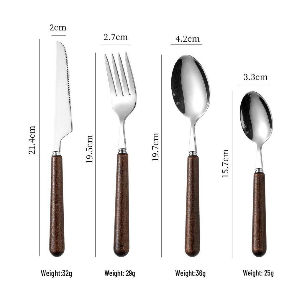 Retro Wooden Handle Walnut 304 Stainless Steel Cutlery Set: Dessert Spoons, Forks, and Slim Waist Steak Knives