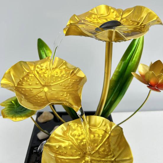 Golden Lotus Leaf Fountain Decoration 3-Tier Indoor Flower Leaves Relaxation Waterfall Fountain Fish Tank Home Office Living Room Desktop Fengshui