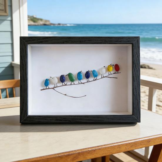 Sea Glass Art Photo Frame Home Decor with Handmade Sea Glass Birds in Black Wooden Frame Framed Sea Glass Bird Branch Ornaments