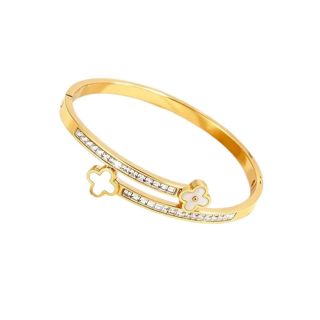 Non-fading Starry Four-leaf Clover Bracelet for Girls, Versatile and Stylish, Full of Diamonds, Stainless Steel Bracelet
