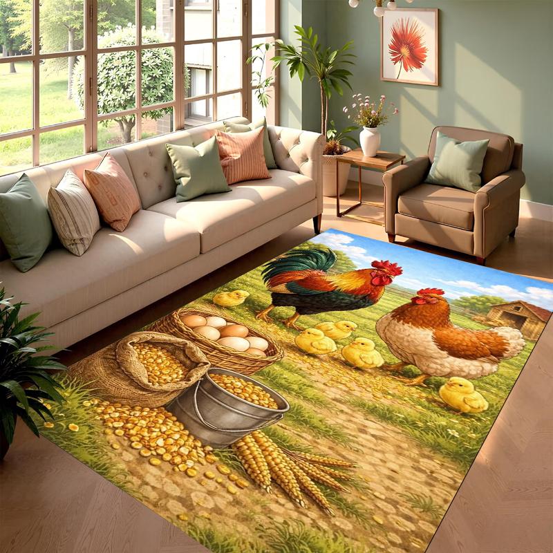 2D Rooster and Hen Chicken Carpet Bedroom Full Cover Living Room Rug Resistant To Dirt Easy To Maintain Soft Kitchen Decor Mat