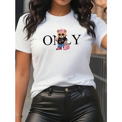 European Size Trendy Cool Bear Art Letter Print - Elegant and Fashionable - Women's Round Neck Pullover T-Shirt, Casual Sport Short Sleeve