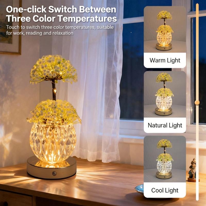 Decorative Flower Glass Bottle USB Night Light Decorative Lamp with Touch Control for Living Room Bedroom Dining Room