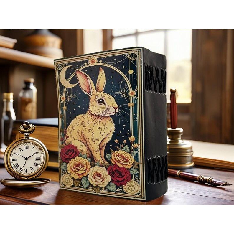 Handmade Leather Journal – Rabbit & Roses • Travel Diary / Sketchbook • Gift for Animal Lover