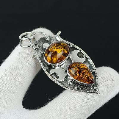 Pendentif en pierre précieuse d’ambre baltique, pendentif de guérison, pendentif en argent sterling 925, pendentif en pierre précieuse double, pendentif de bijoux créé en laboratoire pour cadeau