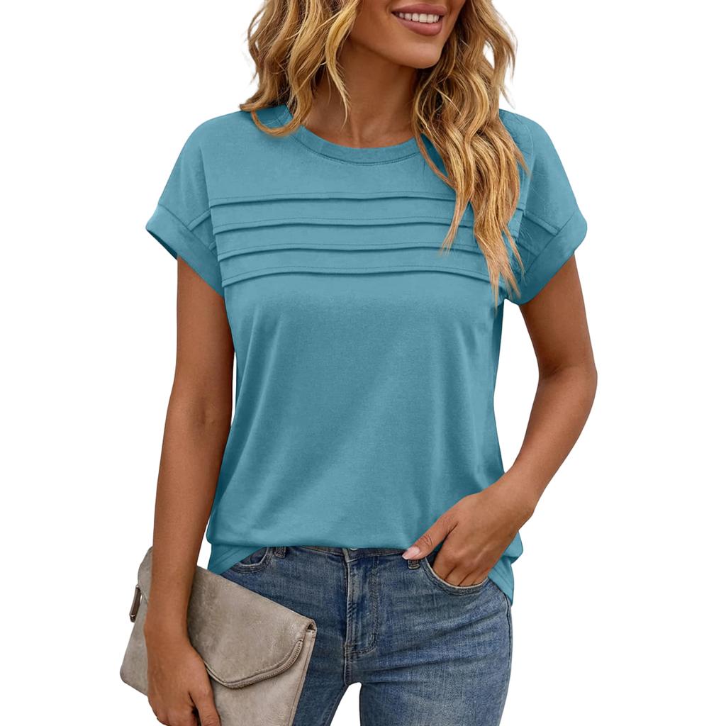 Women's Casual Top Monochrome Pleated Top Round Neck Short Sleeved Shirt