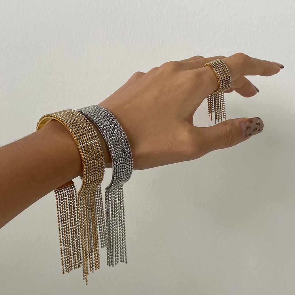 Youthway Exaggerated Personality Stainless Steel Two Color Circle Beads Tassel Bracelet Ring For Women Anti Allergic Jewelry