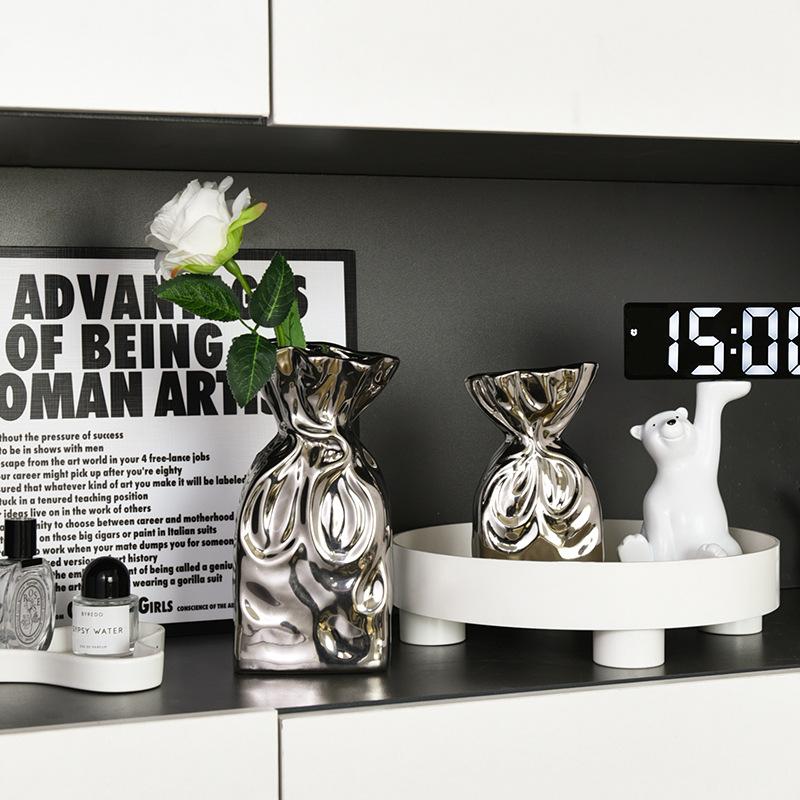 European Ceramic Silver Vase Pleated Bunched Mouth Hydroponic Flower Ware Living Room Dining Table Floral Vase Wedding Ornament