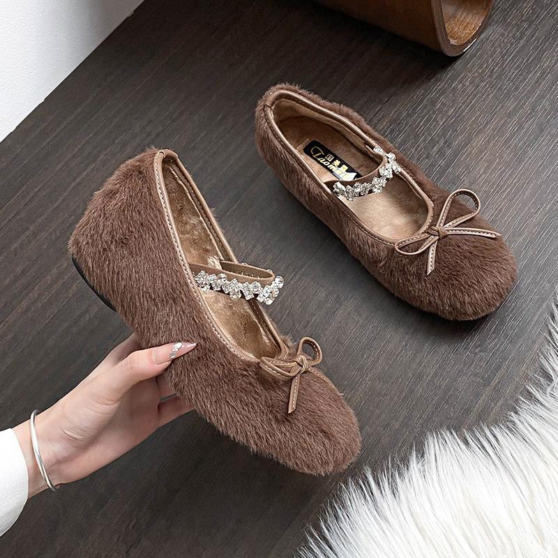 

Внутреннее увеличение высоты Французские Мэри Джейн пушистые туфли женские осень и зима бархатная верхняя одежда хлопковые туфли Дуду обувь теплая маленький размер 31 женские 40 темно-коричневого