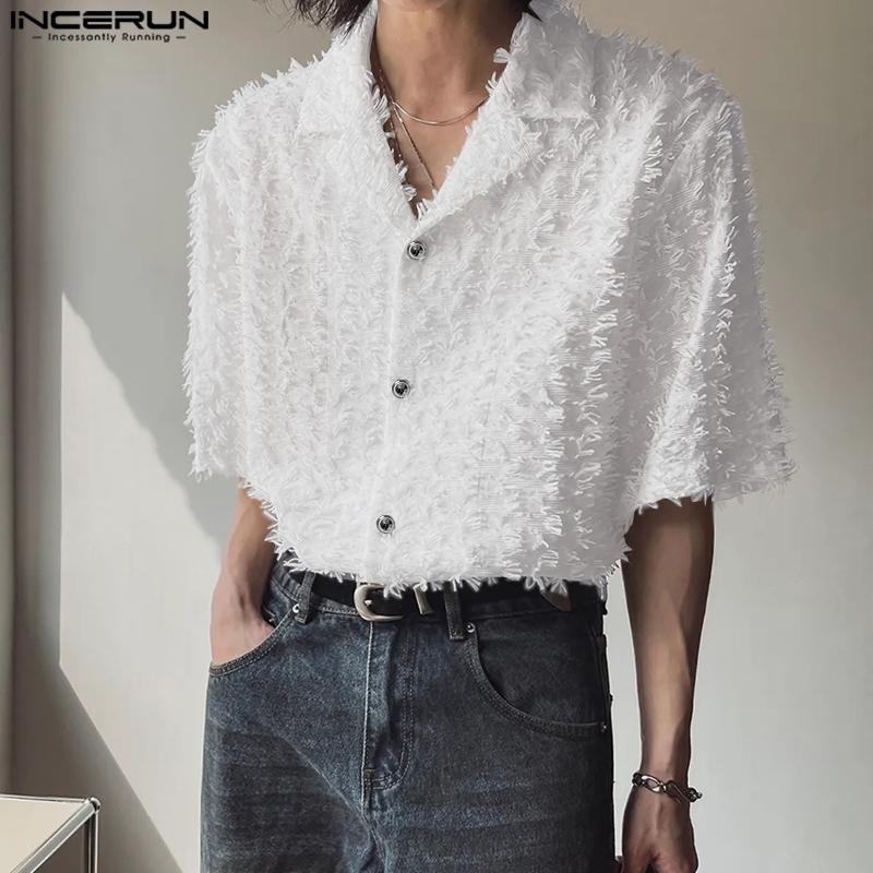 INCERUN Oversized Men Casual Lapel Neck Short Sleeve Tassel See Through Loose Shirts