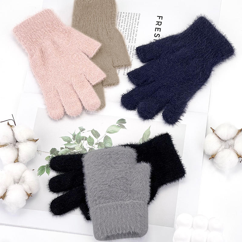 New Mink Fleece Half Finger Gloves for Women Soft Winter Warmth Solid Color Plush Thermal Fingerless Gloves for Cycling Running