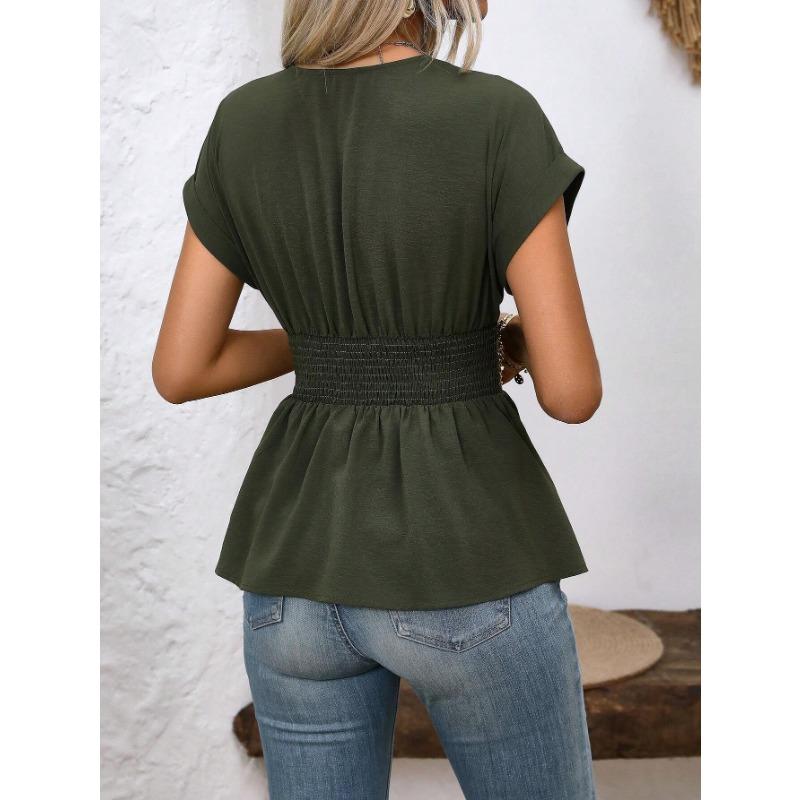 YYFS Mote for kvinner, avslappet, ensfarget trykk, sommer, vår, kort erm, V-hals, bluser og skjorter