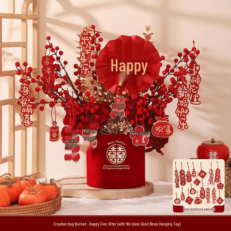 Engagement & Wedding Ornaments: Room Decor Bouquet & Double Happiness Bucket Set for Newlyweds - Ideal for Master Bedroom & Living Room.