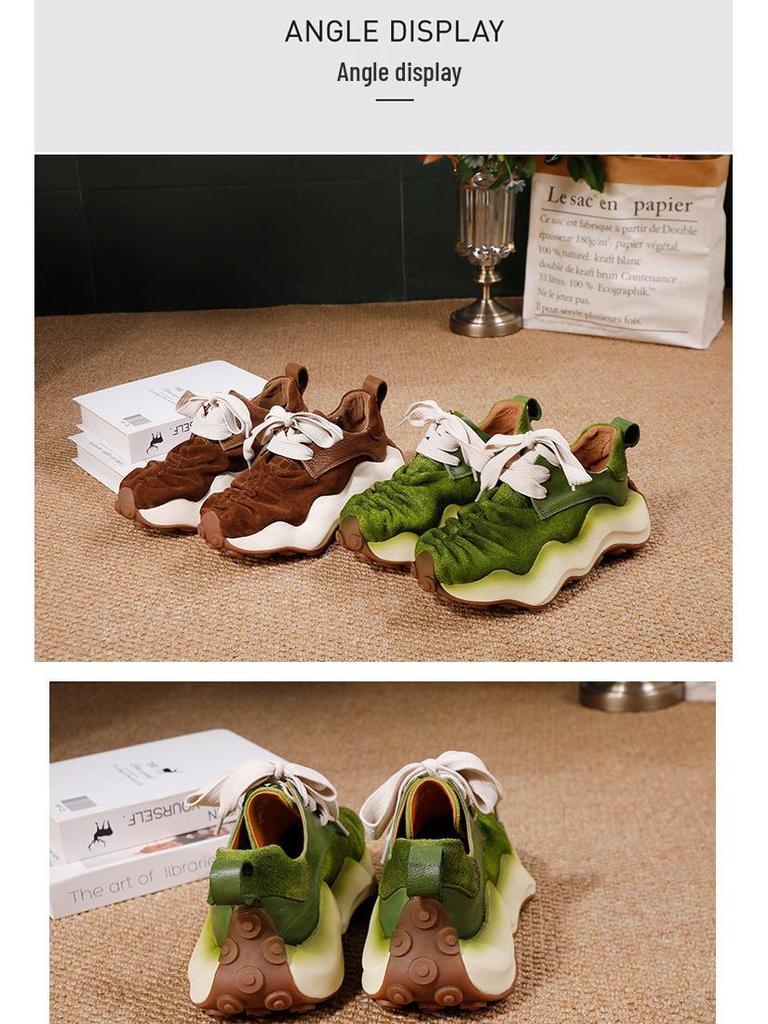 2025 Autumn Women's Trendy Cowhide Sporty Lace-up Sneakers – Breathable, Thick Sole, Casual Design for All Seasons