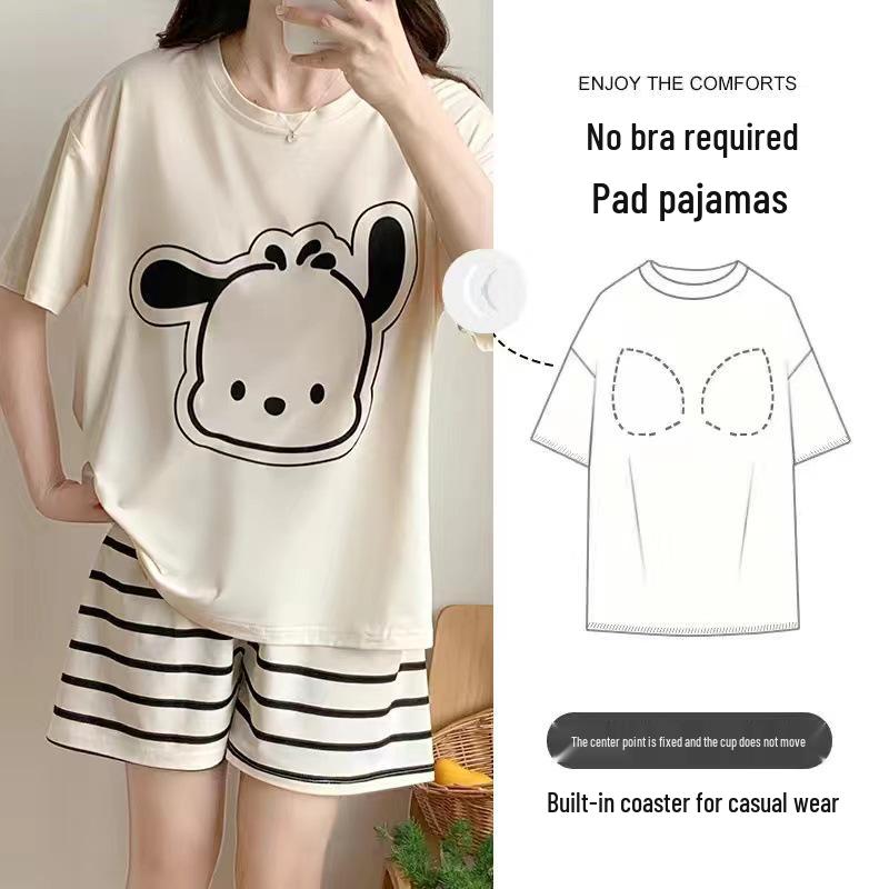 Korean Style Women's Cartoon Pajamas Set with Built-in Bra - Short-Sleeved, Loose, Plus Size, Summer Homewear