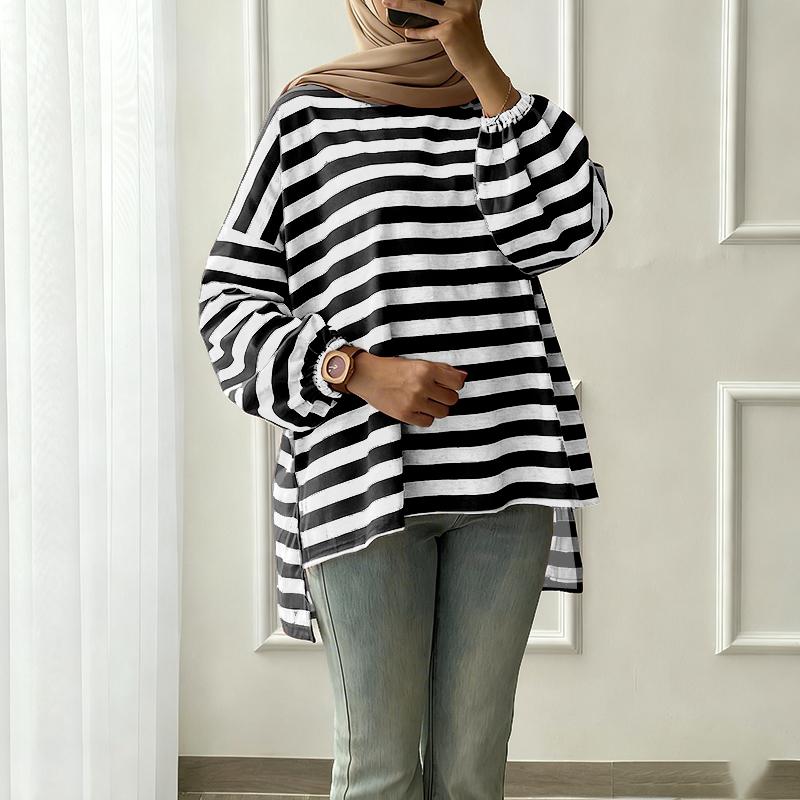 ZANZEA Women Stripe Print Loose Casual Round Neck Long Sleeve T-Shirts