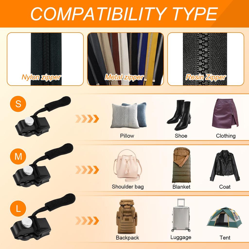 9Pcs Universal Zipper Repair Kit Quick Instant Detachable Zipper Head Replacement Zipper Slider Pull for Jacket Bags Coat Free Sewing