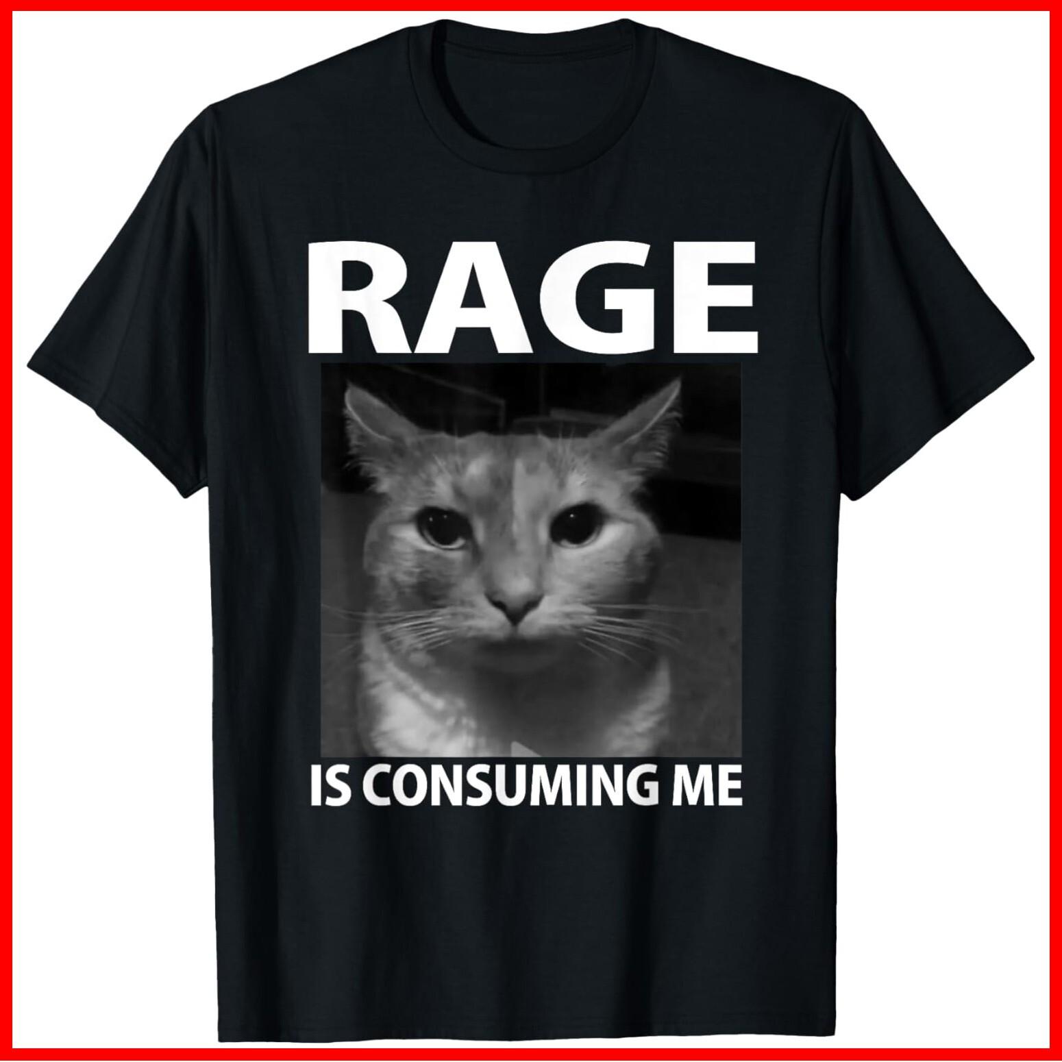 Rage is Consuming Me Silly Staring Cat Meme Black Cotton T-Shirt S-5XL L