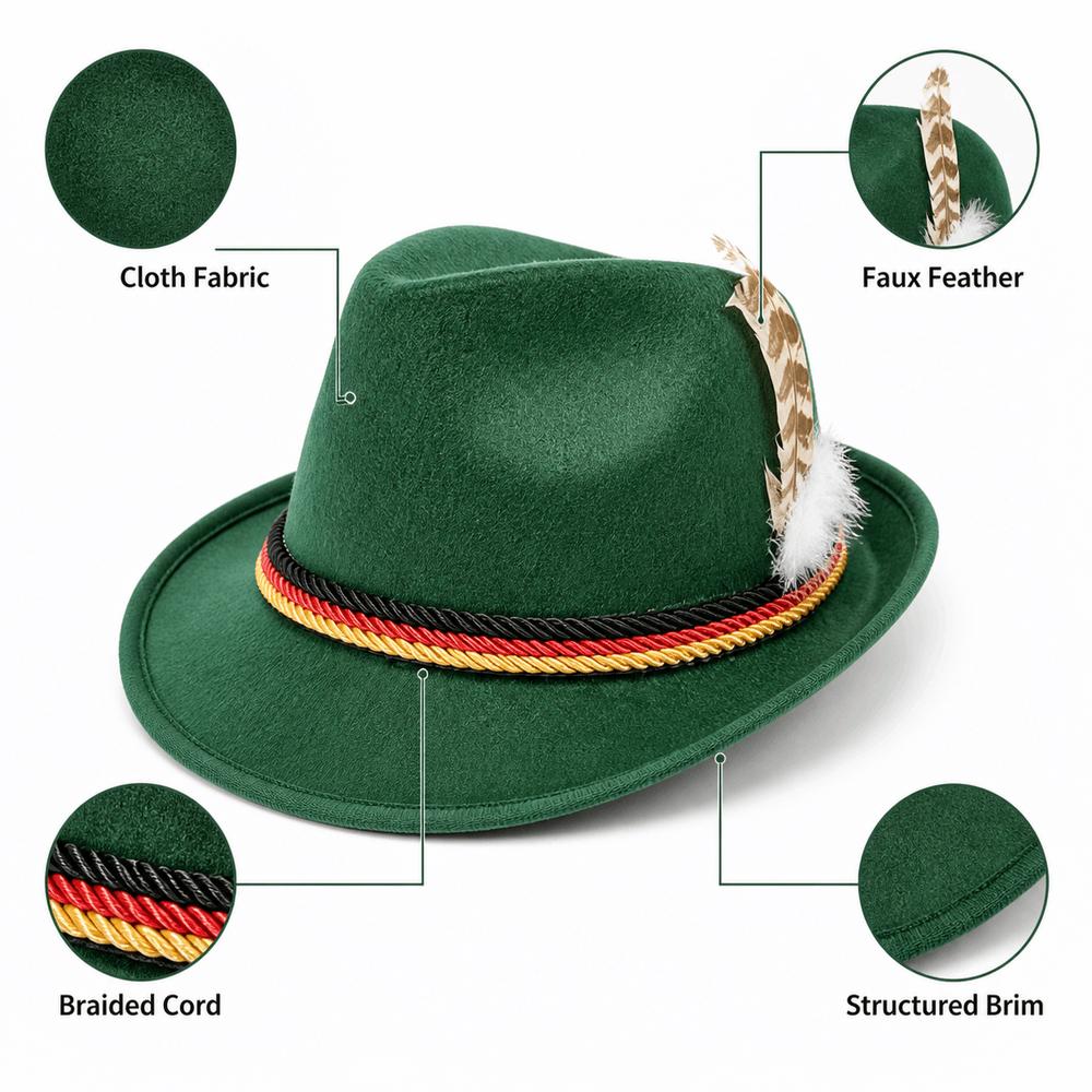 Decorative Side Cord Bavarian Feather Hat Structured Brim Jazz Cap Oktoberfest Hat Men Women