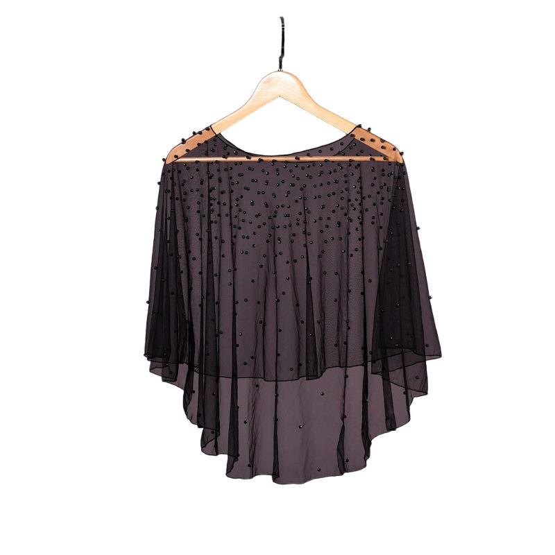 Two Colors Pearl Beaded Sheer Tulle Cape Shrug, Asymmetric Long Back Train Mesh Cover Up Round Neck for Strapless Wedding Bridal Evening Gown