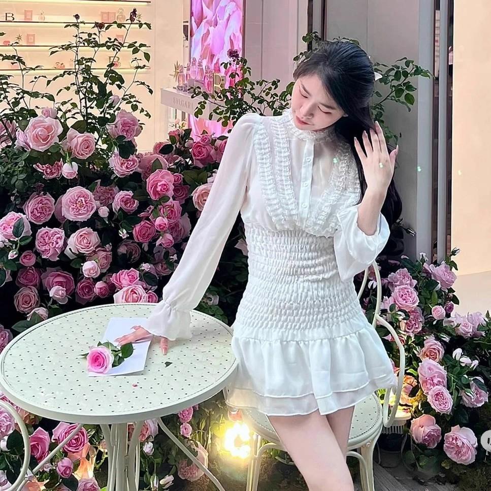 French white chiffon long-sleeved dress women's early autumn small temperament ruffle edge waist short skirt