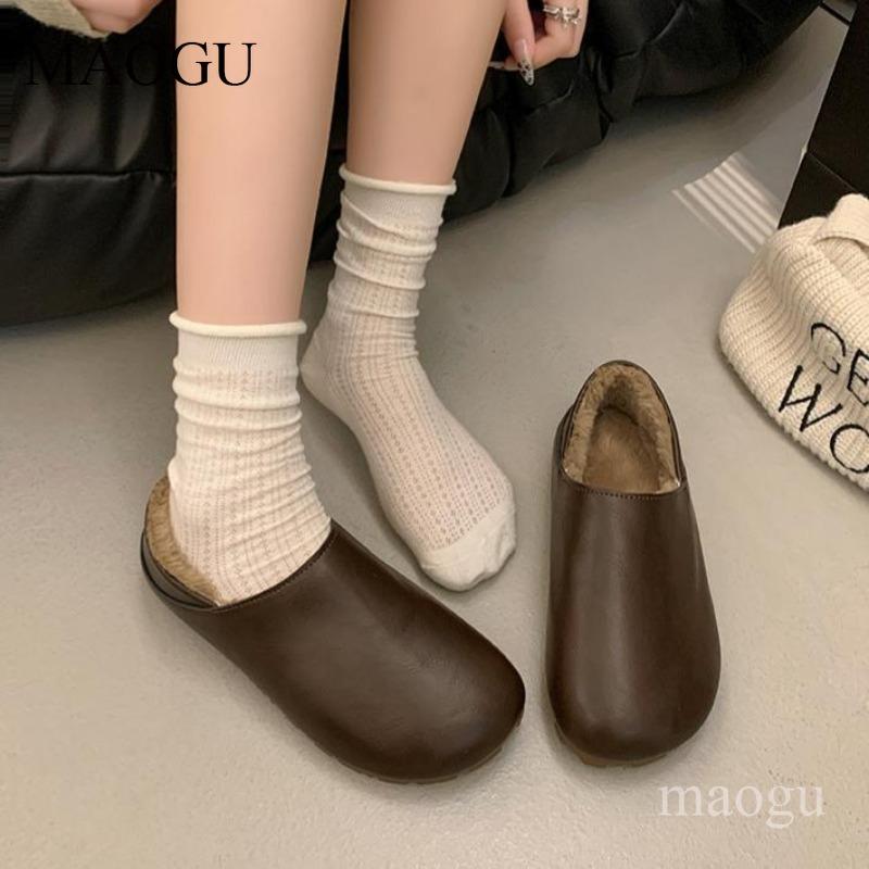 Anti-slip Women's Brown Short Plush Slip-On Warm Casual Shoes Autumn Winter Comfortable Flats Ladies Loafers Zapatos Para Mujer