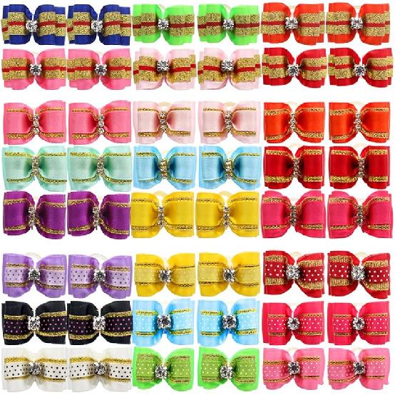 YOY 50 Pcs Adorable Grosgrain Ribbon Pet Dog Hair Bows with Elastic Rubber Bands - Doggy Kitty Topknot Grooming Accessories Set for Long Hair Puppy
