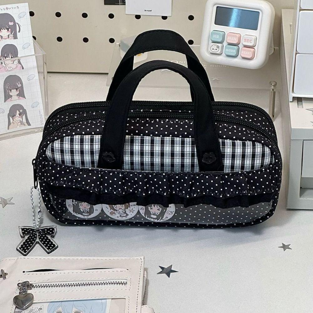 Handheld Pencil Case Plaid Polka Dot Stationery Bag Aesthetic Stationery Organizer Students