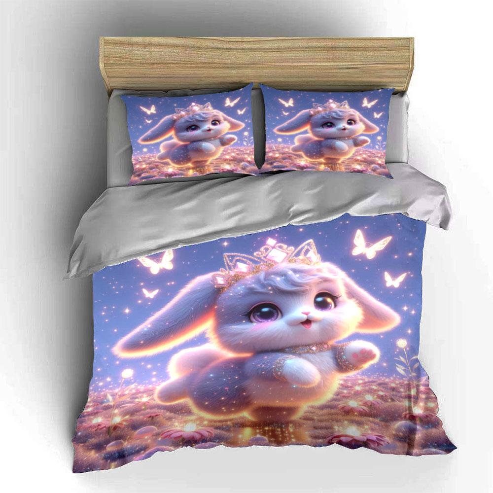 Dreamy Bunny And Glowing Butterflies Duvet Cover Set With 3D Printing Design Soft Polyester Bedding Set All-Season Comfort