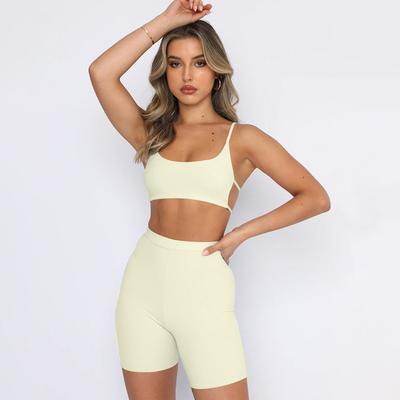 Conjunto feminino de shorts esportivos da moda, cor sólida, sexy, suspensório, costas nuas
