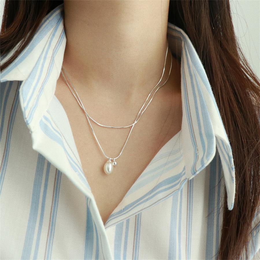

S sterling silver double-layer stacked pearl necklace neck chain simple and versatile temperament collarbone chain