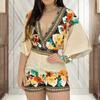Deep V-Neck Lantern Half Sleeve Mid-Rise Women Jumpsuit Flower Printing Retro Trim Short Pants Romper Female Clothing