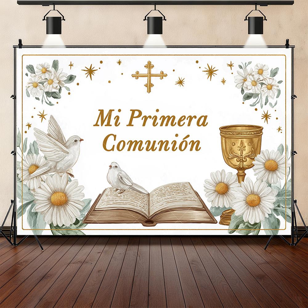 Cross Holy Grail White Dove My First Holy Communion Background Customizable Baptism Party Party DecorationArrangement Background