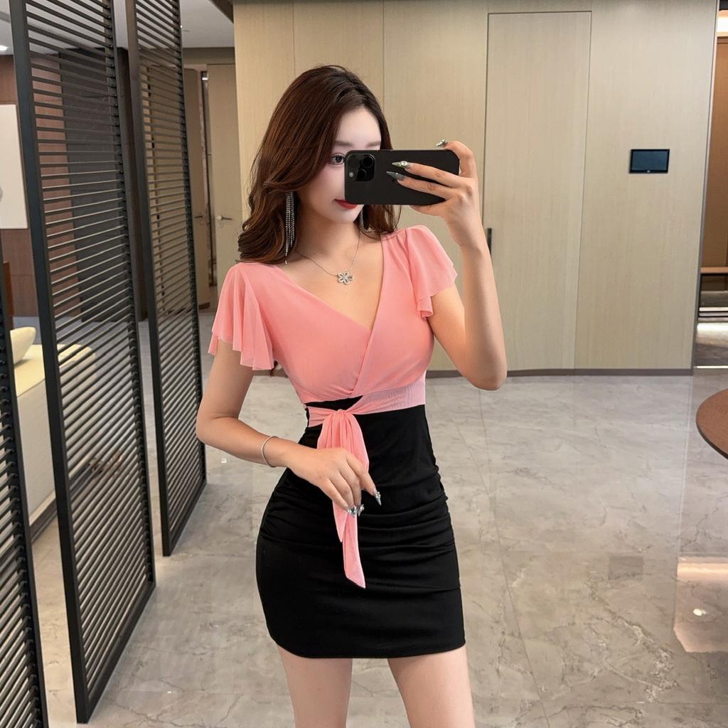 Sexy Dress Foot Bath Foot Massage Clothing Slim Foot Bath Shop Work Clothes V-Neck Off-Shoulder Dress