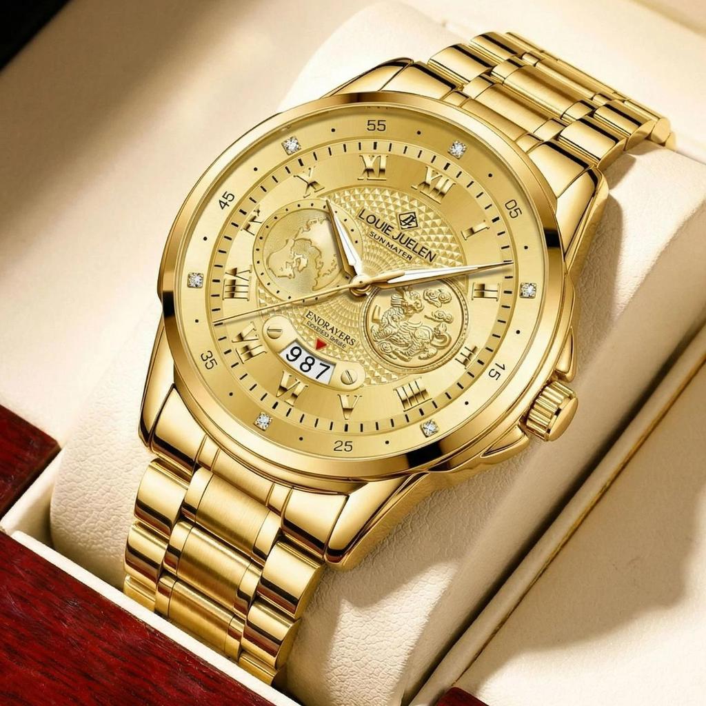 Luxury Gold Engraved Watch for Men Stainless Steel Waterproof Business Quartz Wristwatch with Date, Ideal Gift for Father's Day & Anniversaries