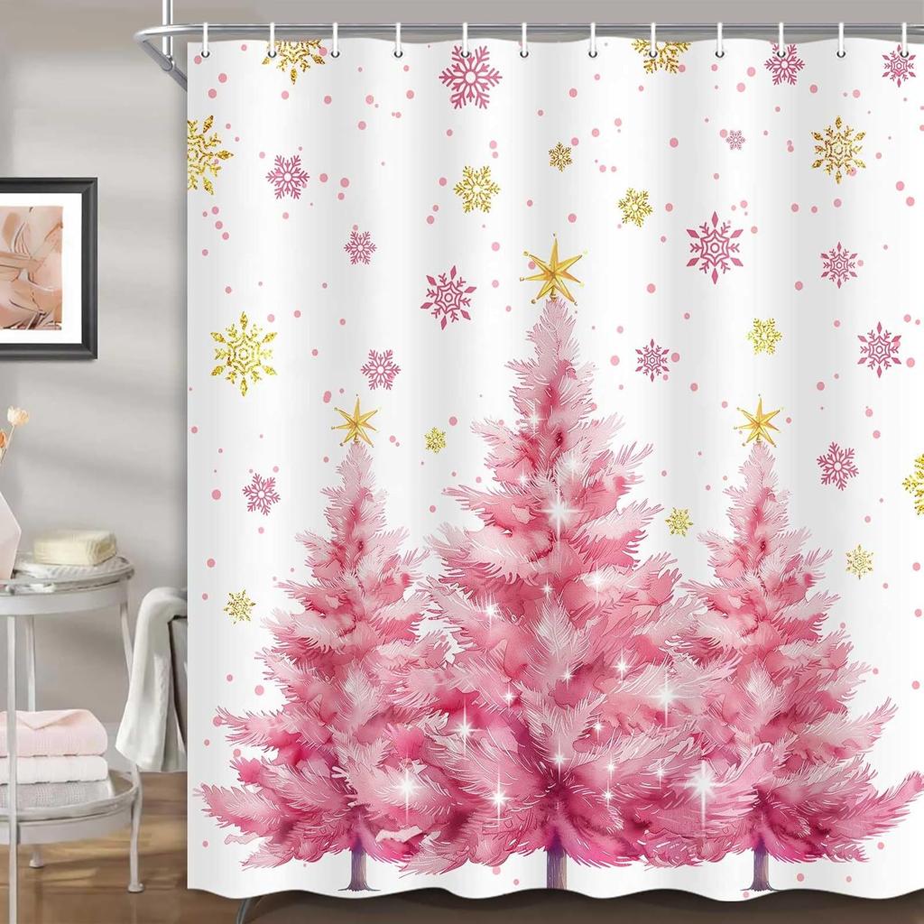 Christmas Tree Shower Curtain Green Trees Snowflake Decorative Bath Curtain Xmas Holiday Waterproof Fabric Bathroom Curtain Se