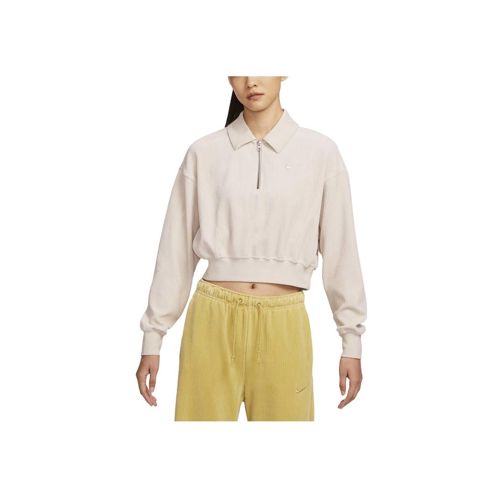 Nike Sportswear Corduroy Half-Zip Logo Print Collar Long Sleeve Sweatshirt Women Tops Off-White DQ5939-104