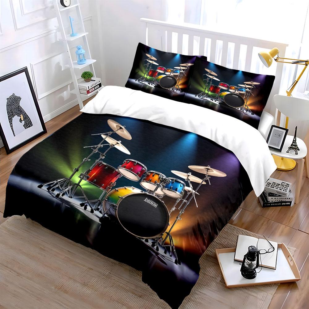 Colorful Drum Set with Stage Lights Print Bedding Set 1 Duvet Cover 2 Pillowcases for Adult and Children Luxury Gift Full Size