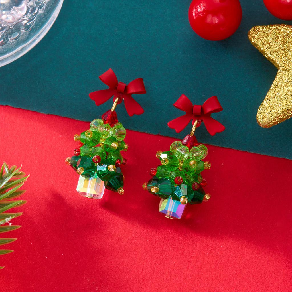 

Holiday Jewelry Girls Alloy Red Bow Christmas Tree Earrings With Glittering Design For Women