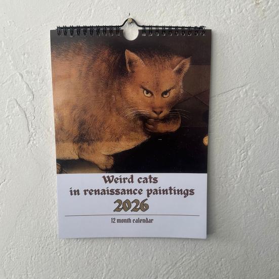 Wandkalender 2026 12-Monats-Kalender Seltsame Katzen in Renaissance-Gemälden für Zuhause Büro Einzigartiger Historischer Katzenkunst-Kalender für Katzenliebhaber