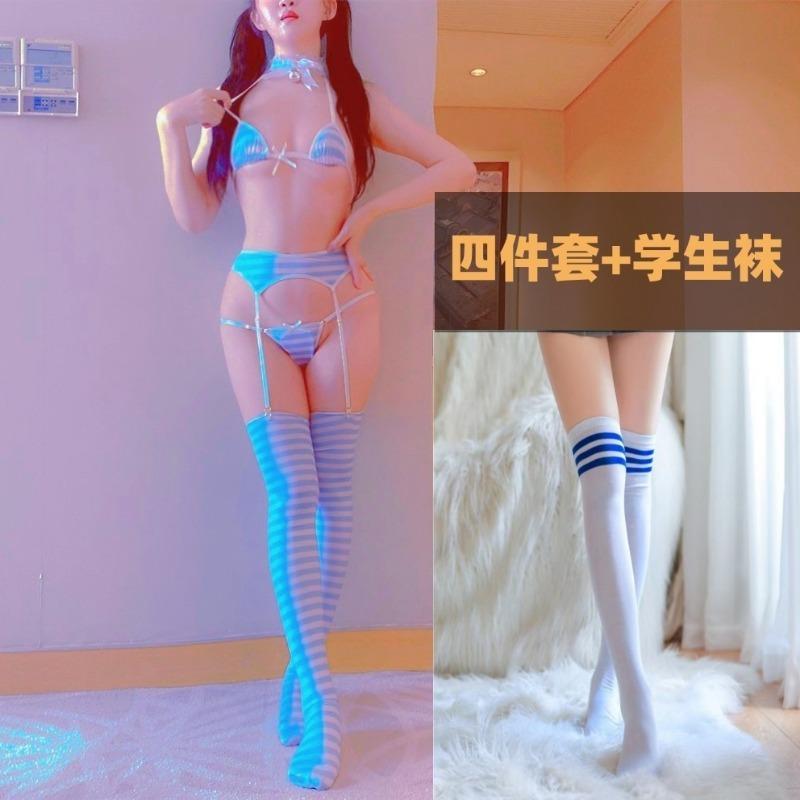 Plus Size Anime School Girl Cosplay Lingerie Beach Bikini Women Stripe Micro Bikini Set with Stockings Role Play Student Uniform