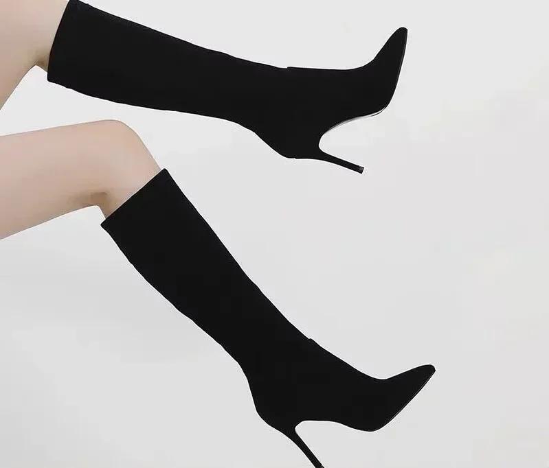 Fashion High Knee Boots Europe and America Sexy Stiletto Mid-calf Boots Women's Elastic Pointed Modern Boots Women Shoes