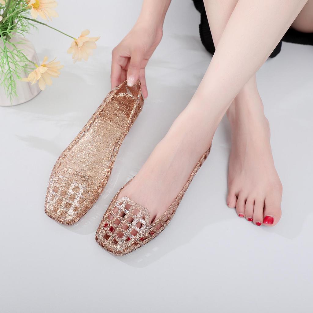 Korean-Style Square Toe Low-Cut Transparent Slip-On Women's Sandals